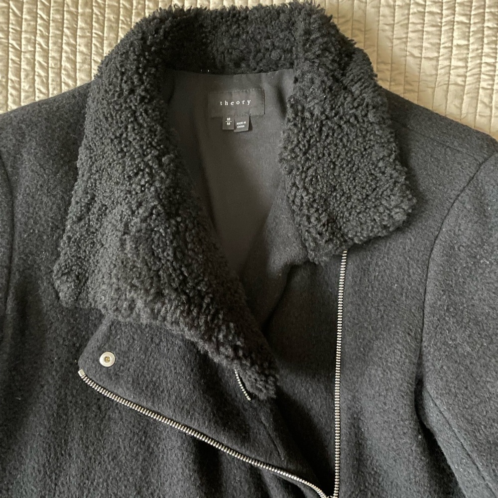 Theory wool Moto coat shearling collar Black Medium